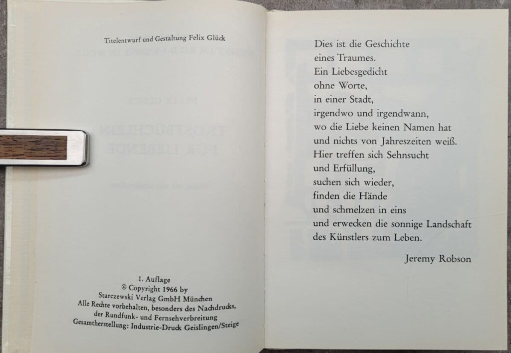 Copyright page and preface of the 1966 wordless novel by Felix Gluck, Trostbüchlein für Liebende.