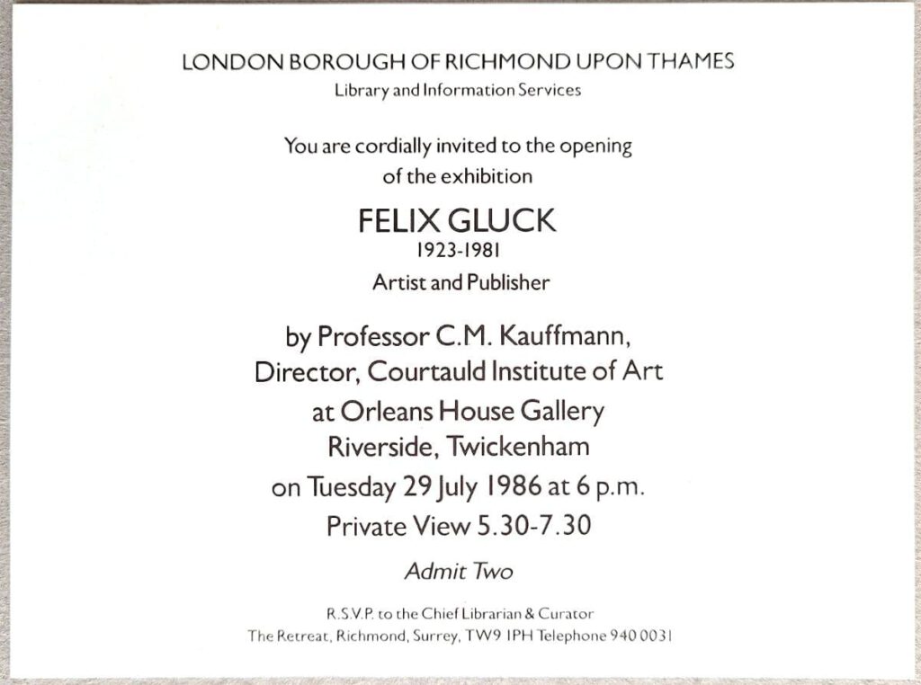 Invitation to the retrospective exhibition for Felix Gluck in conjunction with the 1986 publication of When We Are Together Again.