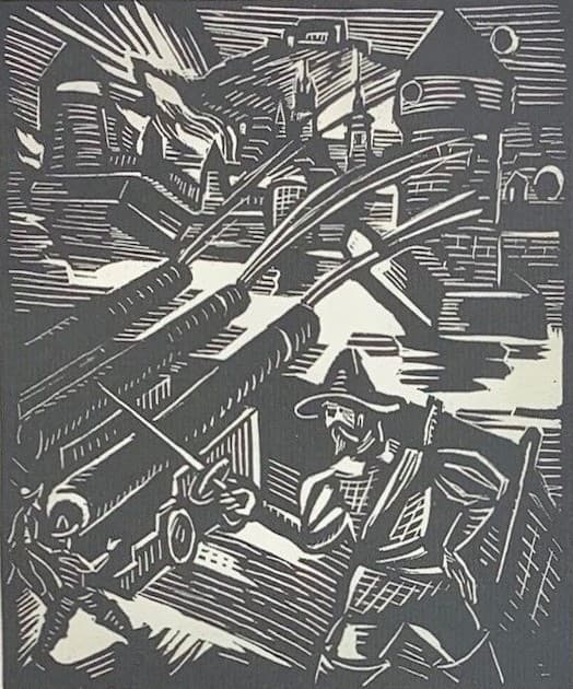 Detail of a woodcut from Bochorakova's wordless novel, Svedove Pred Brnem, showing the cannons firing during the siege.