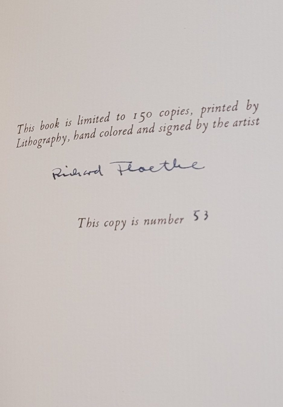 Limitation page of Richard Floethe's wordless novel, Summer Holiday, signed and numbered by the artist.