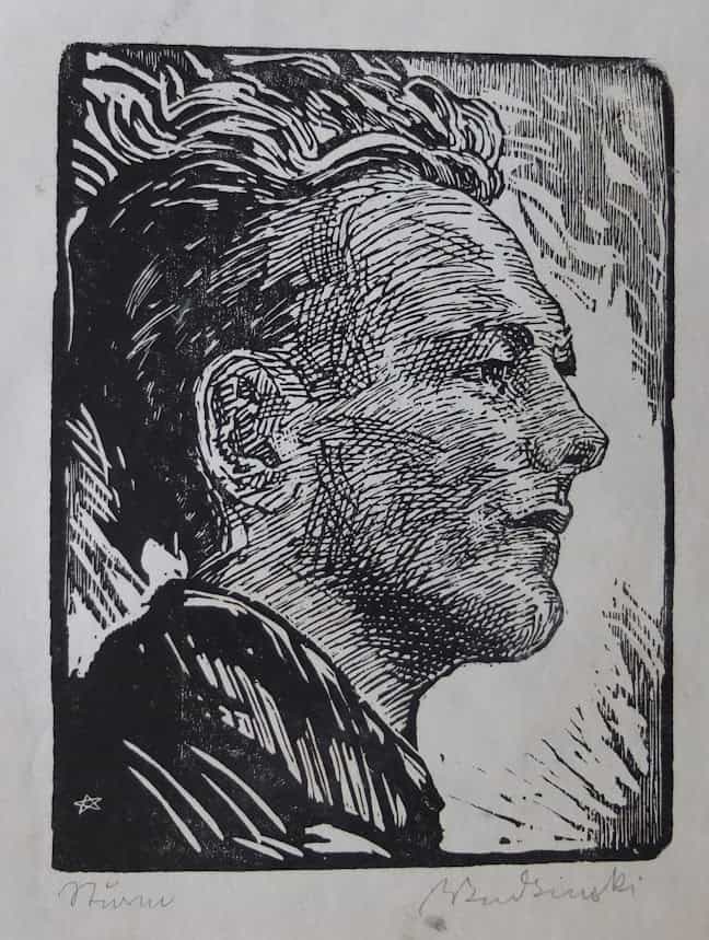 Budzinski print showing a pentagram with one point up in the lower left.
