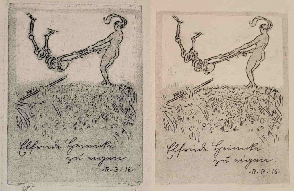 An early printing on the left and a later impression on the right of Robert Budzinski's exlibris for Elfriede Grimith.