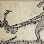 Budzinski 1916 ex libris of a maiden swinging a skeleton.