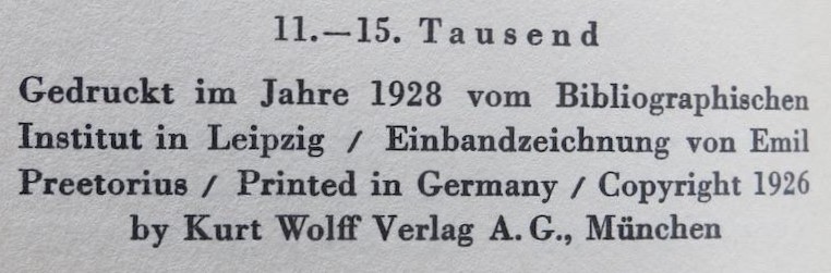 Text indicating the edition size of Kurt Wolff's 1928 Trade edition of Masereel's wordless novel, Mein Stundenbuch, showing copies 11 to 15,000 were produced.