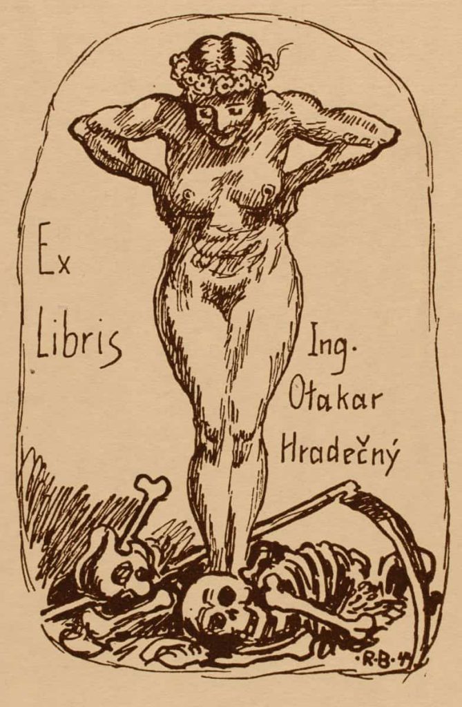 Line drawing by Robert Budzinski, used for a 1944 exlibris, clearly copied from the 1924 woodcut showing the Maiden triumphant over death.