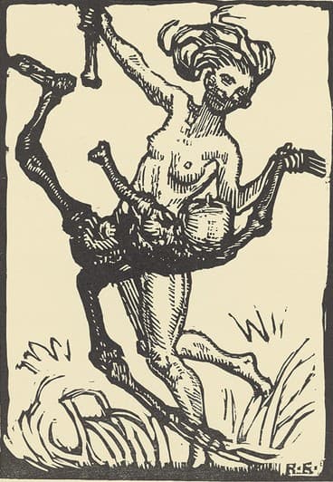 This is the 6th sheet in Budzinski's 1924 Totentanz where the Maiden tears the skeleton apart.
