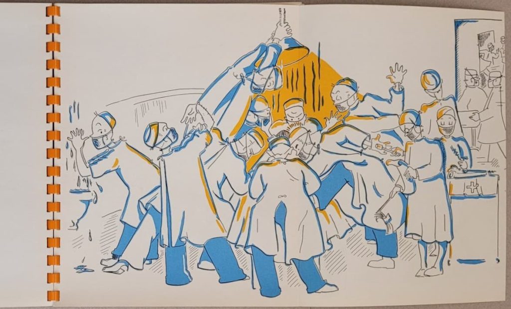 Double foldout page to Betty Bacon Blunt’s 1941 wordless novel, Oh, Doctor! showing the patient in the operating theatre.