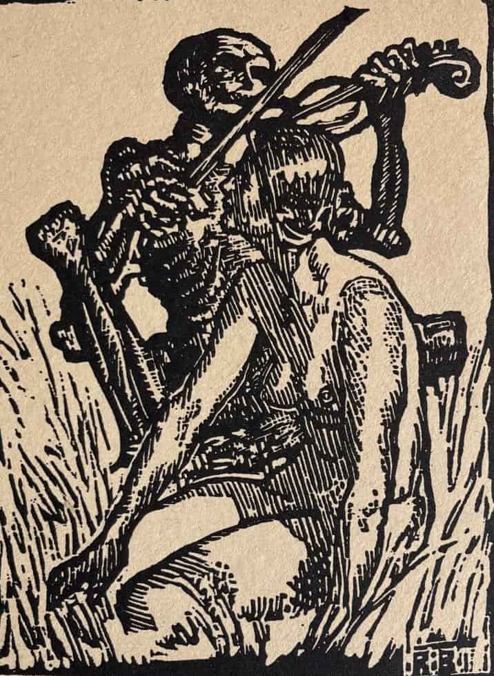 Death, playing a violin, attempts to seduce the maiden with music in Budzinski's 1924 Totentanz.