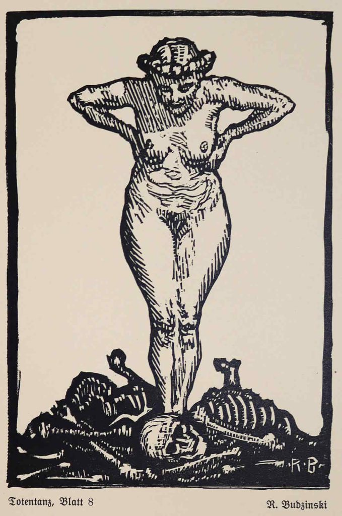  The Maiden is victorious over Death, looking down at a pile of bones in the last image of Budzinski's 1924 wordless narrative, Totentanz.