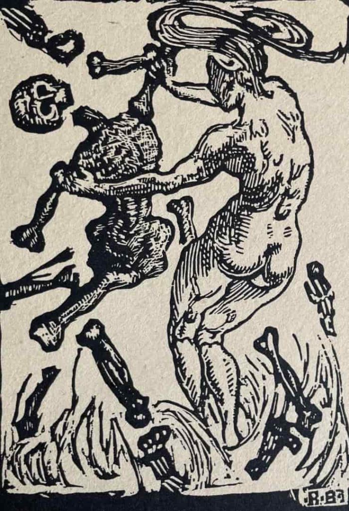 The Maiden in Budzinski's Totentanz defeats Death in a frenzied dance that shakes the skeleton to pieces.
