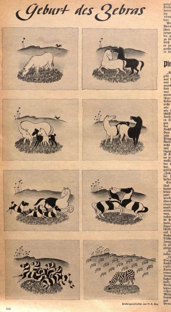July 1940 no. 22: p. 656 of Das Blatt der Hausfrau showing the 8 panels of H. A. Rey's wordless story, Zebrology. The original images were done in watercolours.