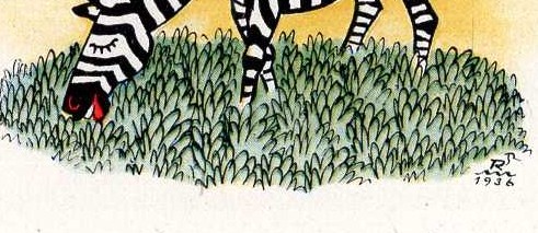 Detail from the final image in H. A. Rey's wordless novel, Zebrology showing Rey's logo and the date he created the image,1936.