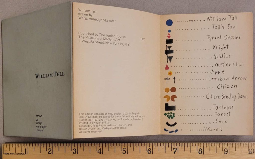 Photo showing the front cover, the publication page, and the first panel with the legend identifying the various symbols used by Warja Honegger-Lataver in her wordless story, William Tell.