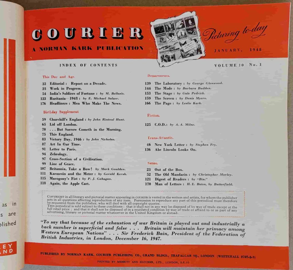 Index page of the 1948 Anniversary edition of Courier magazine showing H. A. Rey's wordless novel, Zebrology, at p. 94.