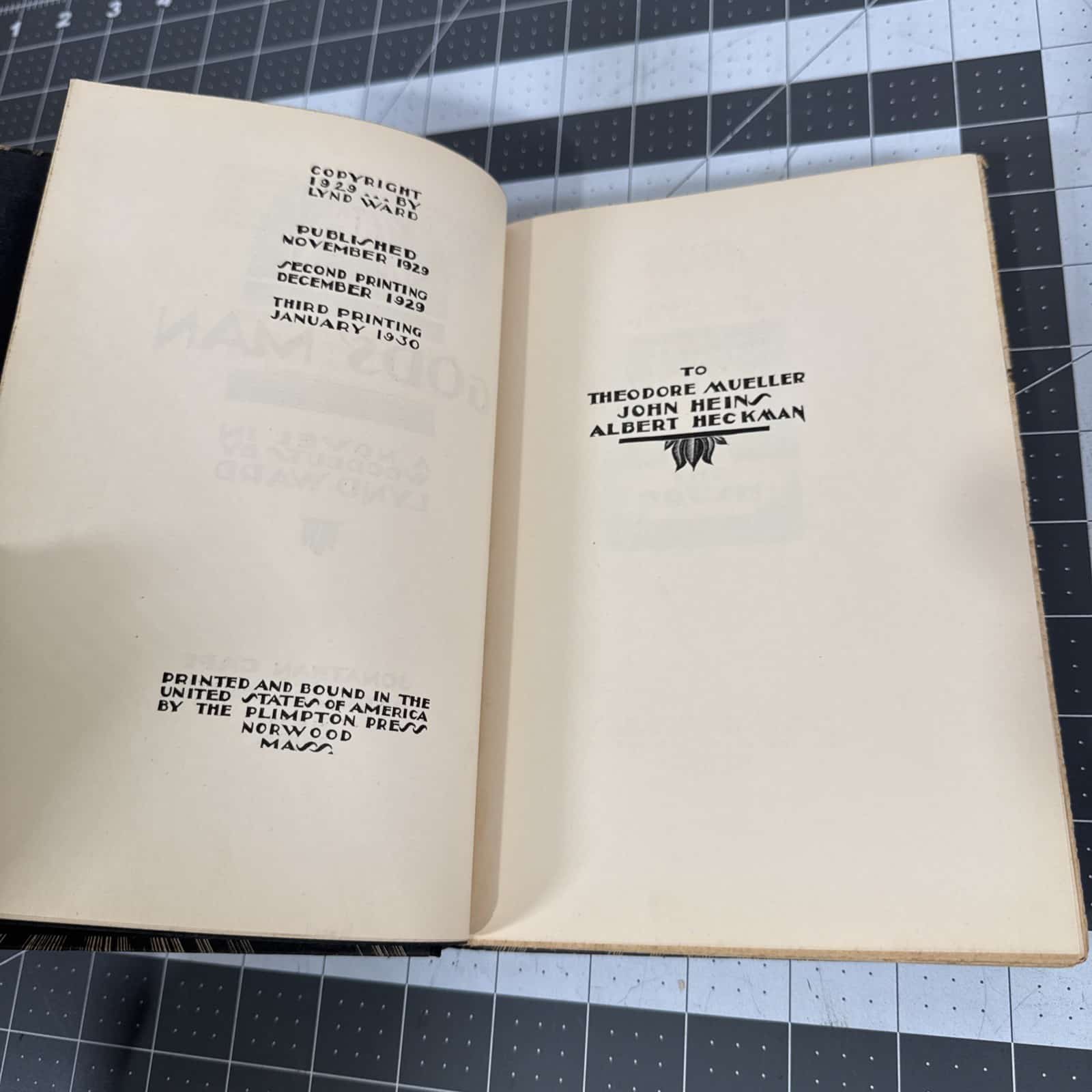 3rd printing of the USA edition in 1930 of Lynd Ward's wordless novel, Gods' Man, also showing the dedication page.