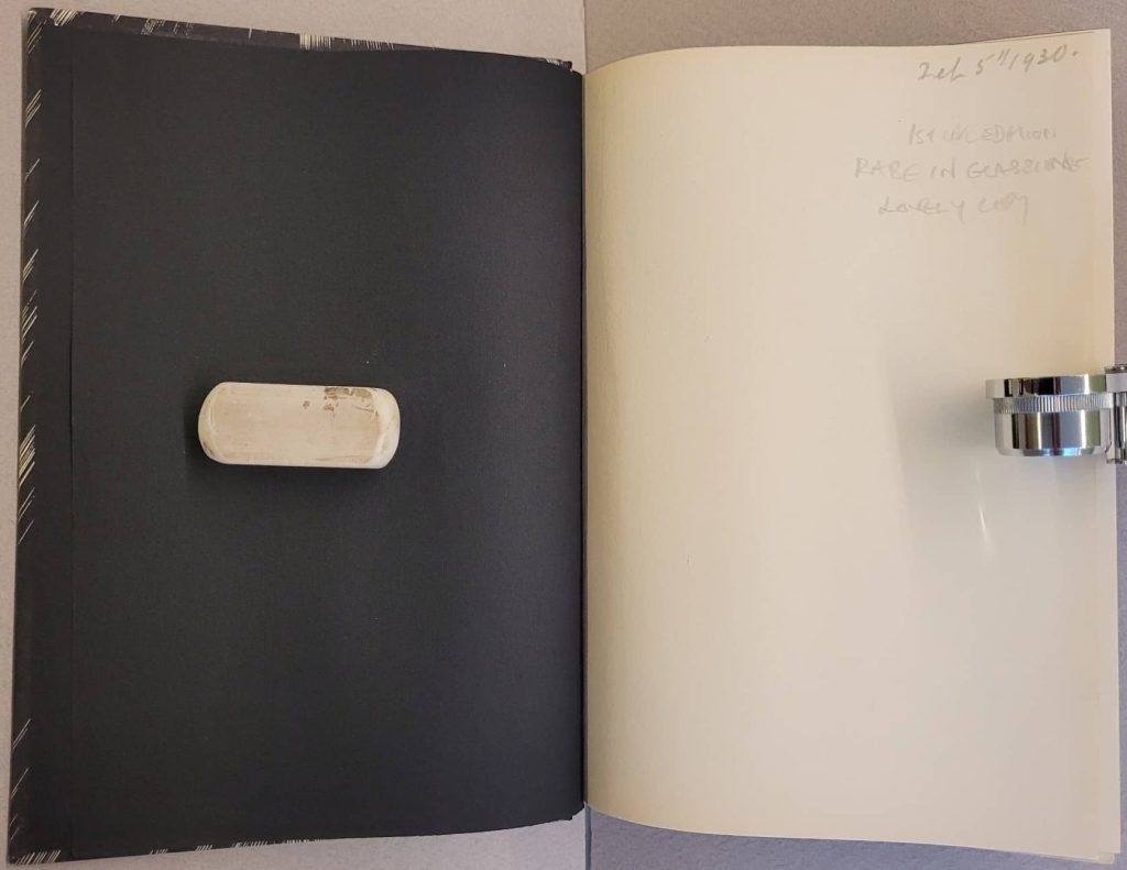 1st printing of the UK edition in 1930 of Lynd Ward's wordless novel, Gods' Man. Shows the front front free endpaper of the book and the first blank page.