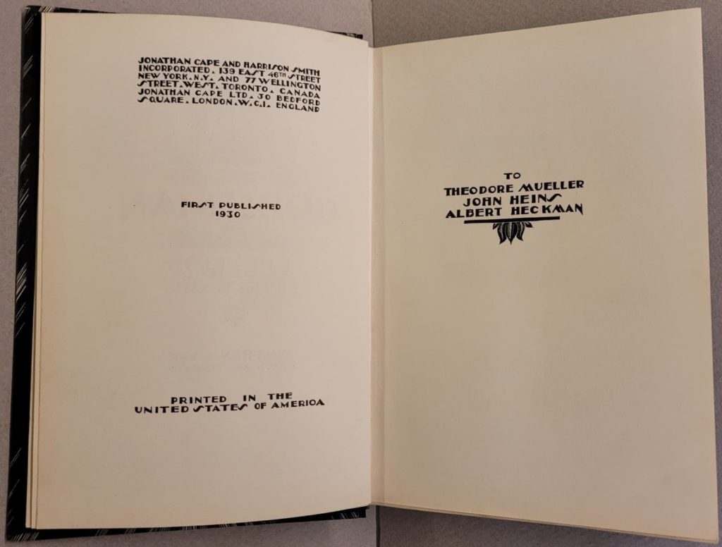 1st printing of the UK edition in 1930 of Lynd Ward's wordless novel, Gods' Man. Shows "First Published, 1930" and the dedication page.