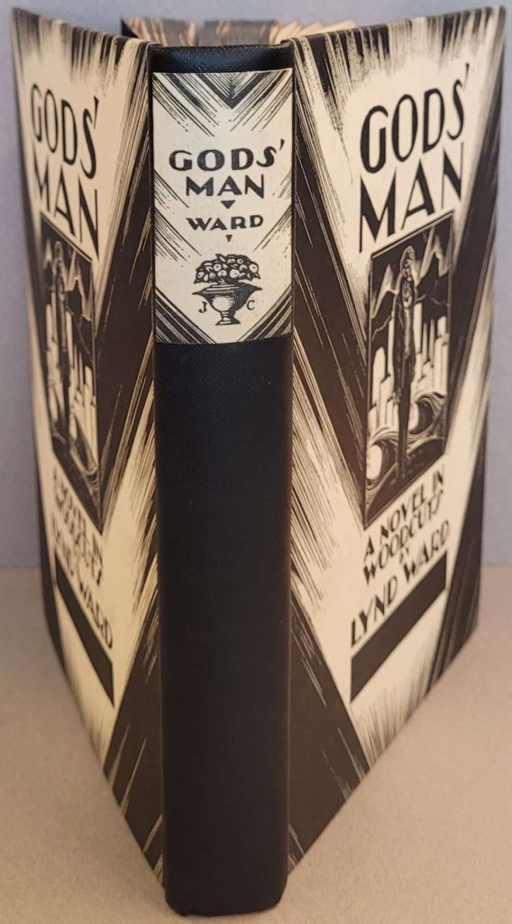 1st printing of the UK edition in 1930 of Lynd Ward's wordless novel, Gods' Man. Shows the spine and front/back covers of the book.