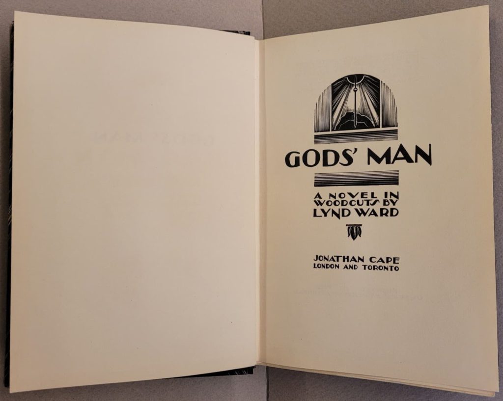 1st printing of the UK edition in 1930 of Lynd Ward's wordless novel, Gods' Man. Shows the title page of the book.