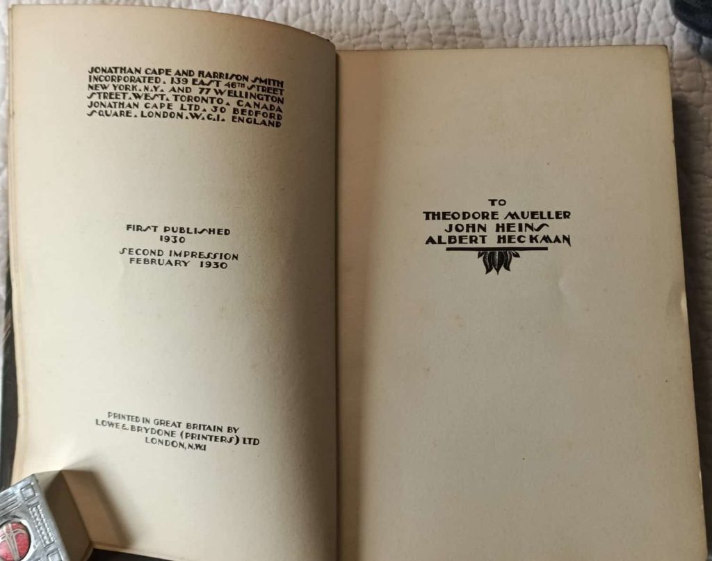 2nd impression of the UK edition in 1930 of Lynd Ward's wordless novel, Gods' Man. Shows the 2nd impression date of February 1930 and recto is a dedication.