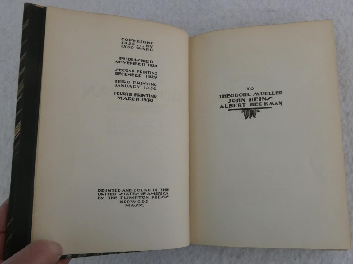 4th printing of the USA edition in 1930 of Lynd Ward's wordless
novel, Gods' Man, also showing the dedication page.