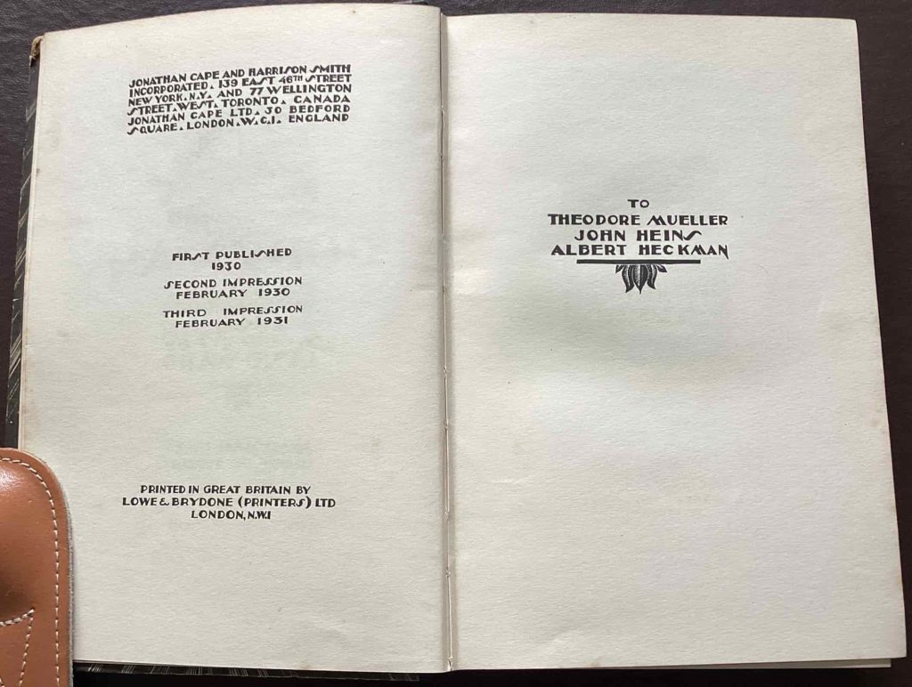 3rd impression of the UK edition in 1931 of Lynd Ward's wordless novel, Gods' Man. Shows the 3rd impression date of February 1931 and recto is a dedication.