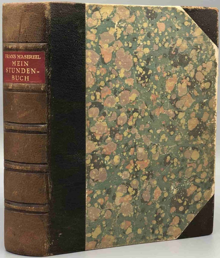 Masereel's 1920 wordless novel, Mein Stundenbuch, in black 3/4 leather with bluish marbled boards. The black appears to have faded to brown.