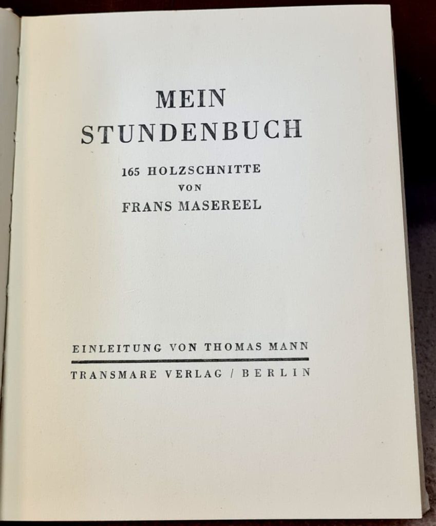 Title page published by Transmare Verlag of Masereel's wordless story, Mein Stundenbuch. Image credit: Antiquariat Friederichsen