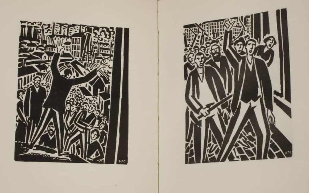 Sample pages of Masereel's wordless story, Mein Stundenbuch, published by Kurt Wolff. Images printed recto and verso.
