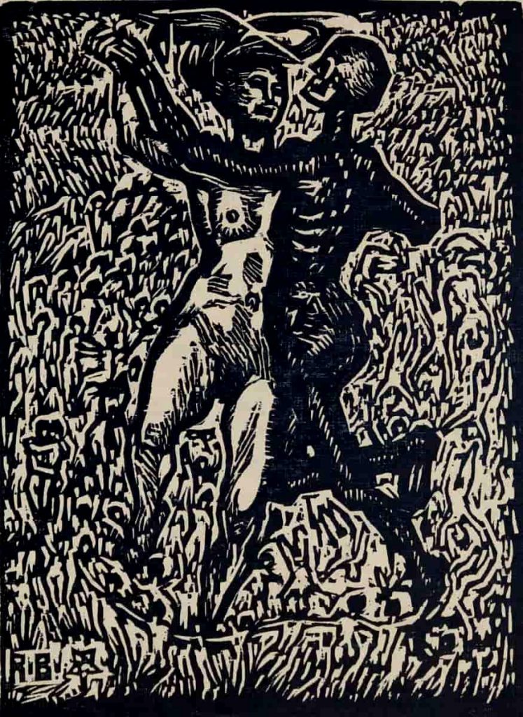 On the cover of Budzinski's 1924 wordless novel, Totentanz, Death and the Maiden can be seen dancing with a chain of small figures circling their feet. The background is made up of figures: some alone and others in pairs.