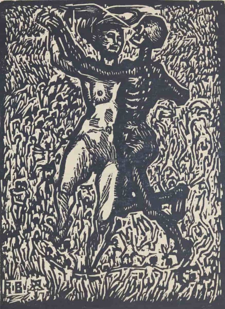 Image of the print used by Budzinski on the cover of his 1924 wordless narrative, Totentanz, showing an inverted pentagram beside his initials in the lower left.