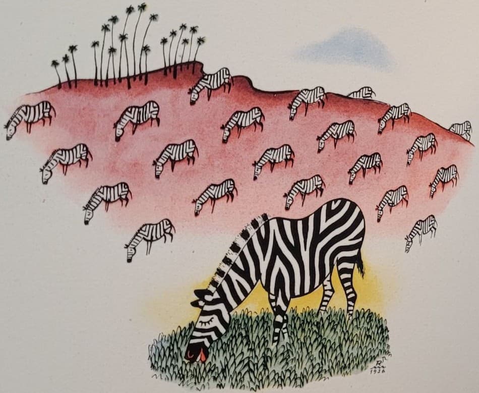 In his 1937 wordless story, Zebrology, H. A. Rey shows the outcome of a black stallion breeding with a white mare resulting in the striped zebras grazing as shown here.