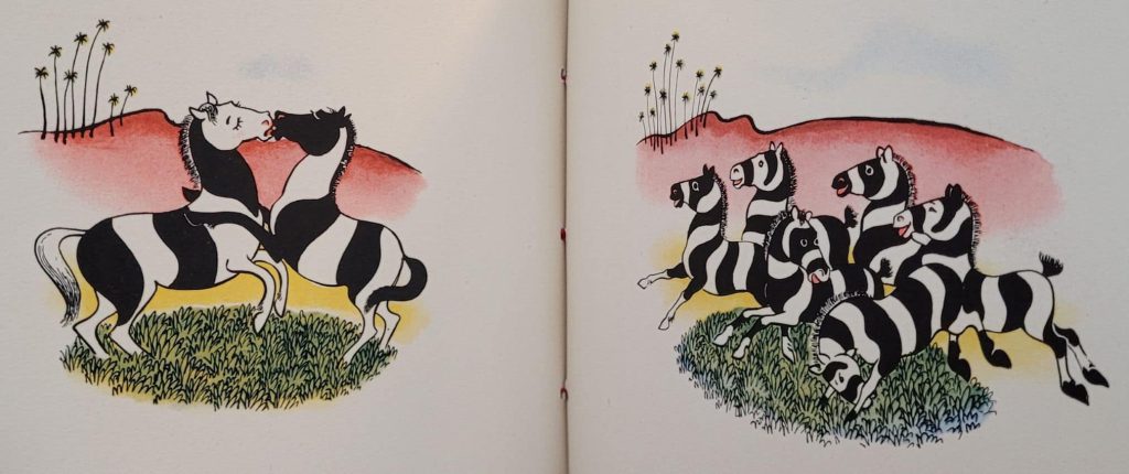 The first impression of H. A. Rey's  1937 wordless novel, Zebrology, was printed in French fold so that images appear recto and verso, as with images 6 and 7, as shown here.
