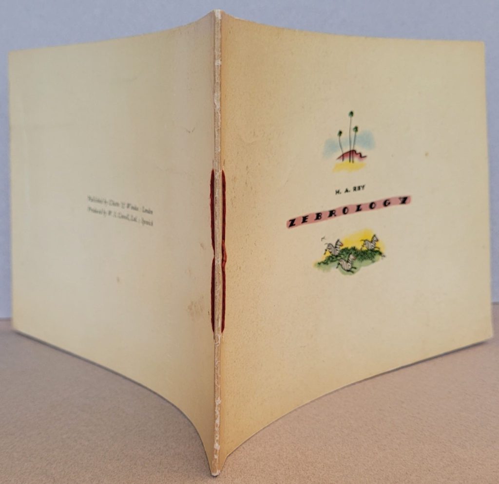 The spine, front, and back covers of the 1st impression of H. A. Rey's 1937 wordless story, Zebrology.