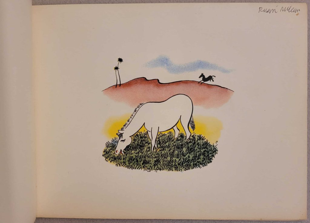 The first image in H. A. Rey's 1937 wordless novel, Zebrology, shows a white mare grazing and a black stallion in the background.