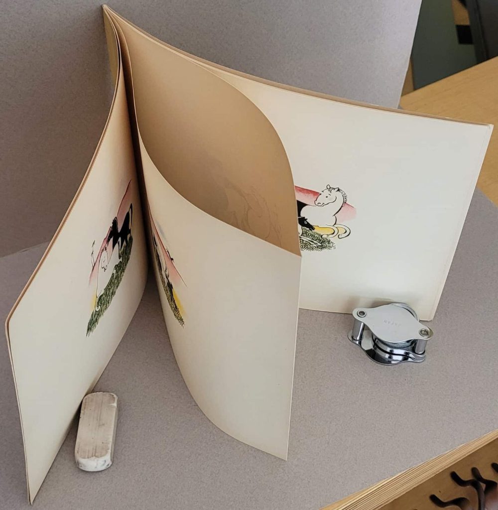 Impressions of H. A. Rey's wordless novel, Zebrology, are printed in French fold as in this example.