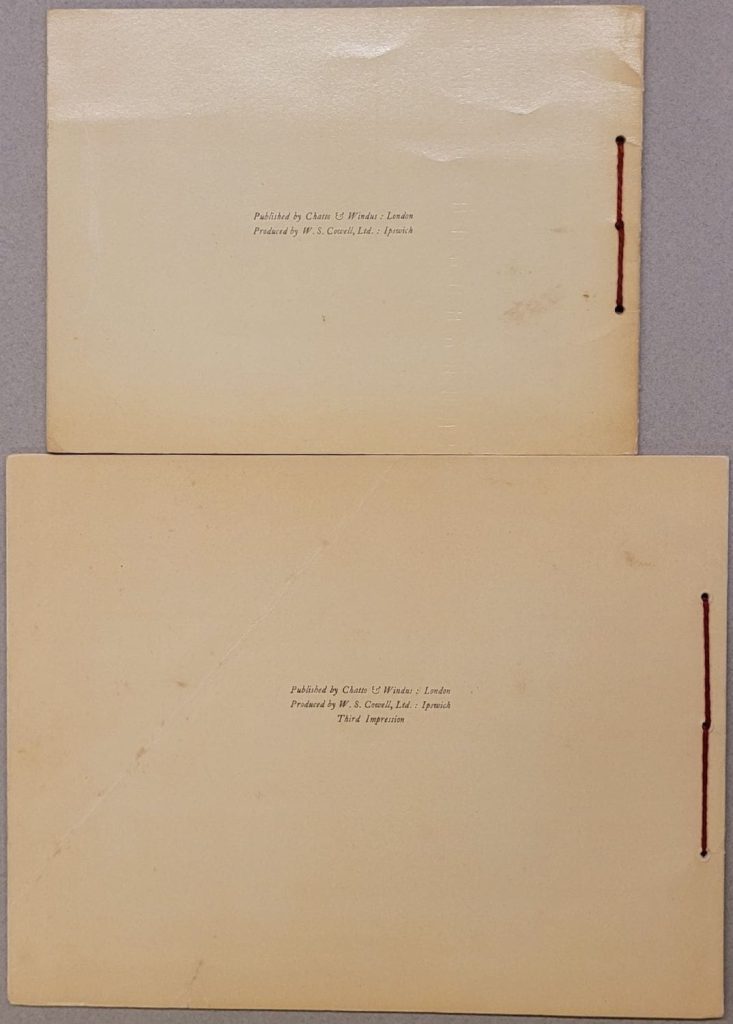 Size comparison of 1937 1st printing (top) and the 1938 3rd Impression of H. A. Rey's wordless novel, Zebrology showing the back covers.