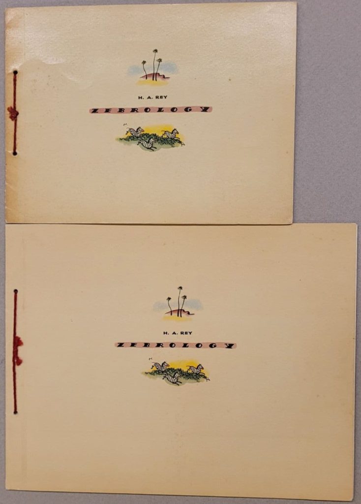 Comparison of 1937 1st printing (top) and the 1938 3rd Impression of H. A. Rey's wordless novel, Zebrology showing the front covers.