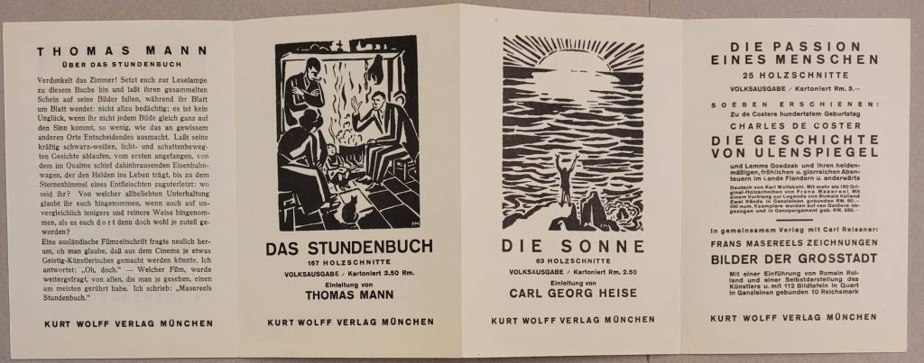 Advertisement published by Kurt Wolff c. 1927 for Masereel's books.