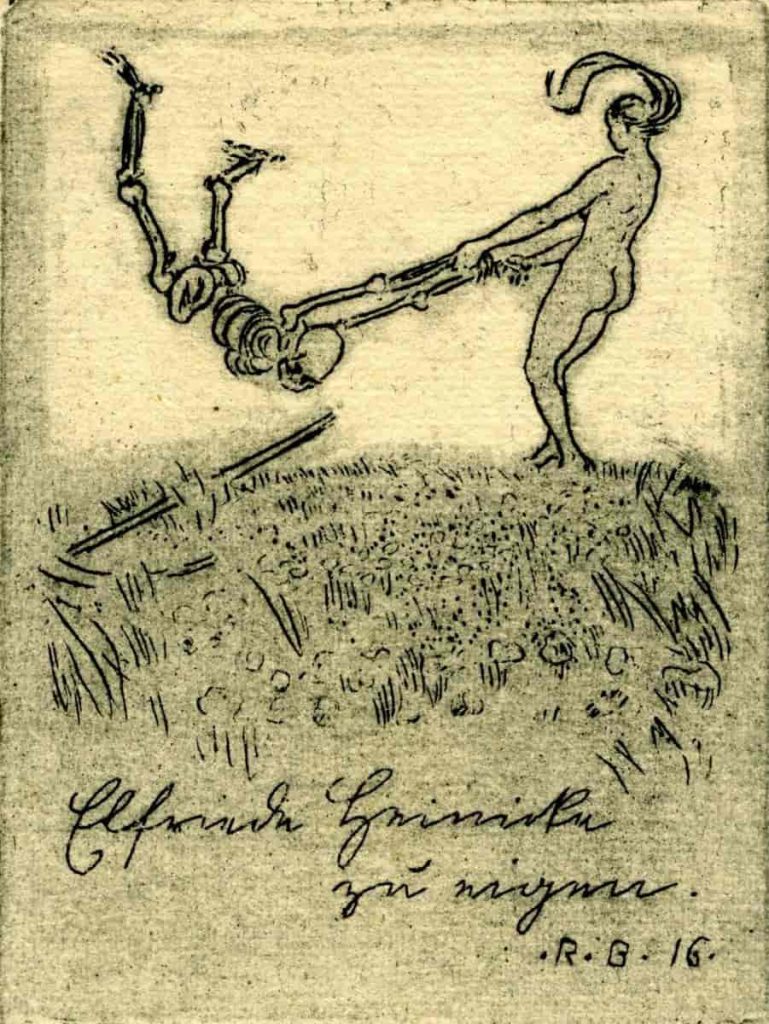 In this 1916 ex libris, Death has dropped his symbolic scythe, and Budzinski has drawn the Maiden swinging the skeleton by its arms.