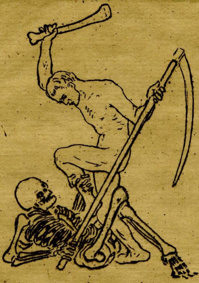 In this ex libris from 1917, Budzinski shows a man wresting away the scythe and beating Death with the skeleton's own tibia.