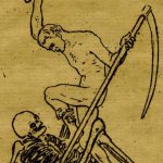 A man is defeating Death by beating the Skeleton with the Skeleton's own Tibia.