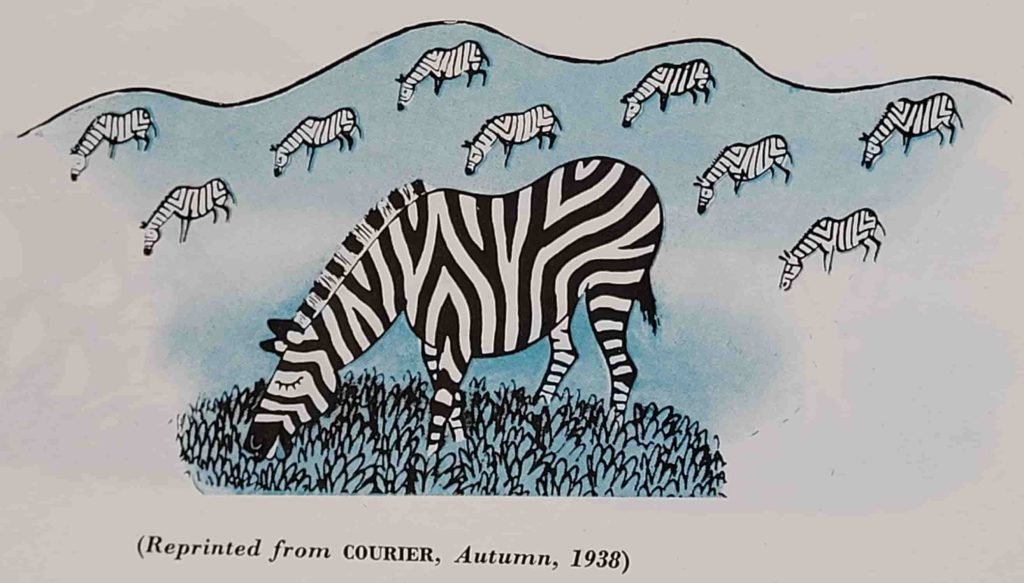 The six images used black line with blue shading for H. A. Rey's wordless novel, Zebrology, in the 1948 Anniversary edition of Courier magazine. This is the 6th and last image.