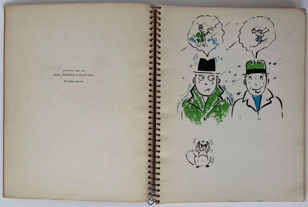 copyright page 1941 Hale, Cushman & Flint Inc. verso and 1st page recto of John Delano’s wordless novel, Ski Daddle.