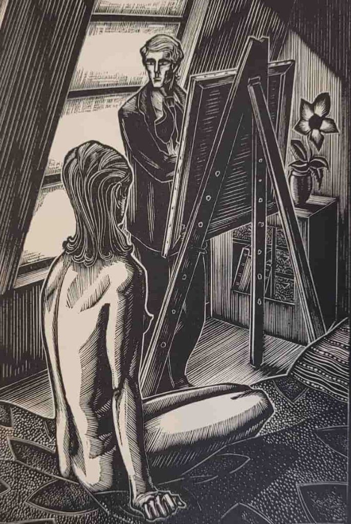 Artist and model from Lynd Ward's first wordless woodcut novel, Gods' Man.
