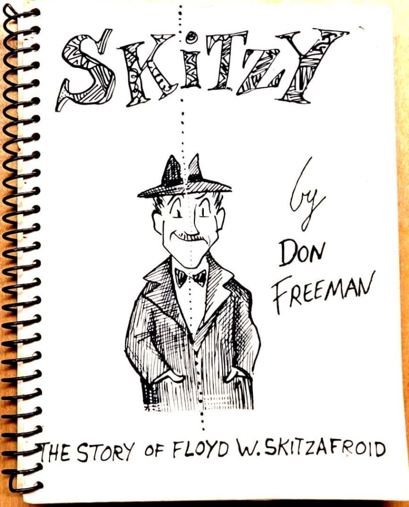 Front cover of Don Freeman's 1955 wordless story, Skitzy. One side of his mouth is smiling, and the other is frowning.